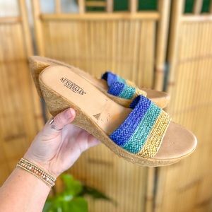 Seychelles Y2K Woven Blue Striped Cork Wedge Heeled Slide Sandals 8